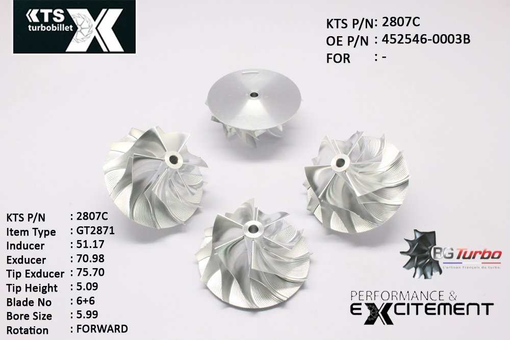 Turbo ROUE FORGÉE MFS PERFORMANCE - 6+6 PALES - INDUCER : 51,17 - EXDUCER : 70,98 - TYPE : GT2871ANGLE : 65° - ROTATION : Forward - SUPER BACK : 2,32 - BORE SIZE : 5,99
